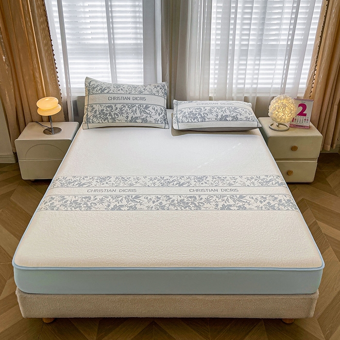 91家纺网 家纺一手货源 找家纺 全季家居 2025新款A类乙纶PE花卉轻奢提花系列凉豆豆席 床笠款-浪漫枫林-天蓝