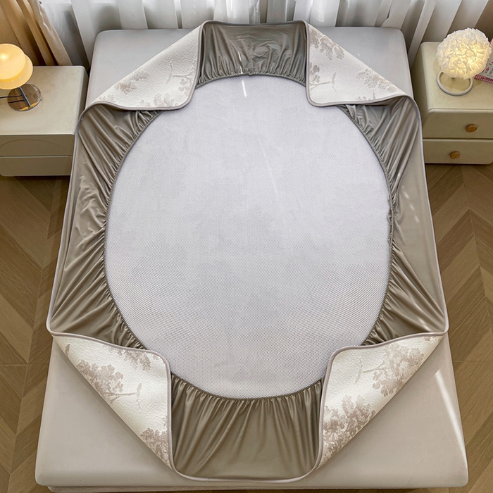 91家纺网 家纺一手货源 找家纺 全季家居 2025新款A类乙纶PE花卉轻奢提花系列凉豆豆席 床笠款-迷雾森林-浅咖