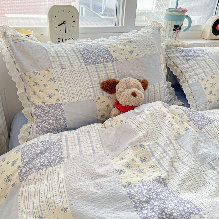 91家纺网 家纺一手货源 找家纺 富米莱（原臻工厂） 2025新款云感亲肤棉皱皱双层纱全棉纯棉花边四件套 百福蓝