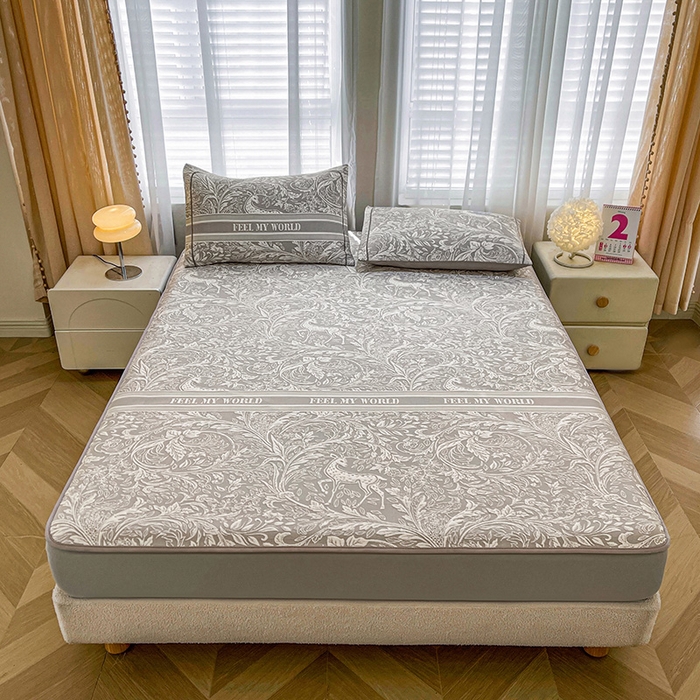 91家纺网 家纺一手货源 找家纺 全季家居 2025新款A类乙纶PE花卉轻奢提花系列凉豆豆席 床笠款-麋鹿花园-浅灰