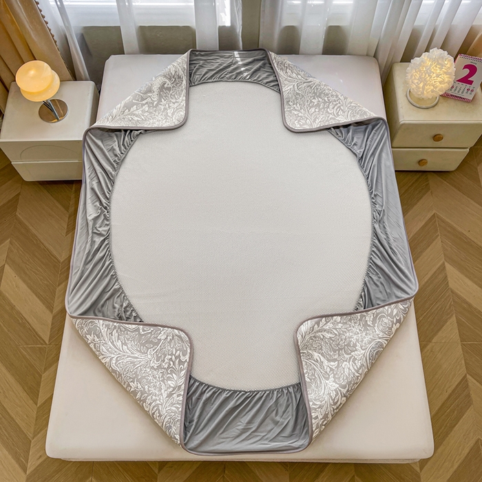 91家纺网 家纺一手货源 找家纺 全季家居 2025新款A类乙纶PE花卉轻奢提花系列凉豆豆席 床笠款-麋鹿花园-浅灰