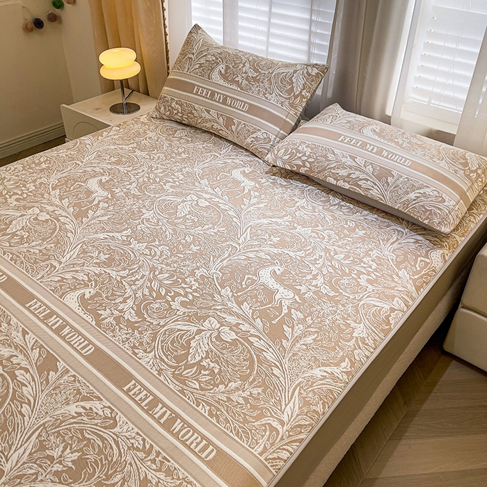 91家纺网 家纺一手货源 找家纺 全季家居 2025新款A类乙纶PE花卉轻奢提花系列凉豆豆席 床笠款-麋鹿花园-浅咖