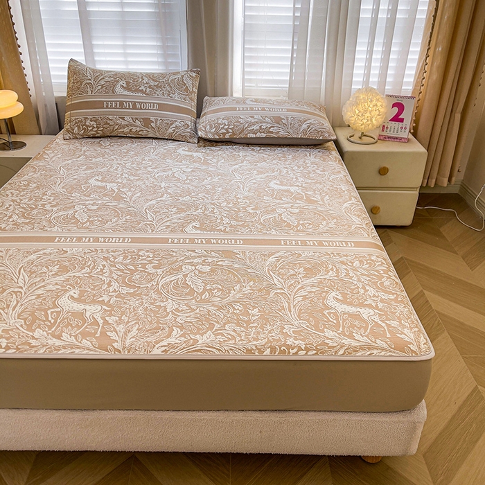 91家纺网 家纺一手货源 找家纺 全季家居 2025新款A类乙纶PE花卉轻奢提花系列凉豆豆席 床笠款-麋鹿花园-浅咖