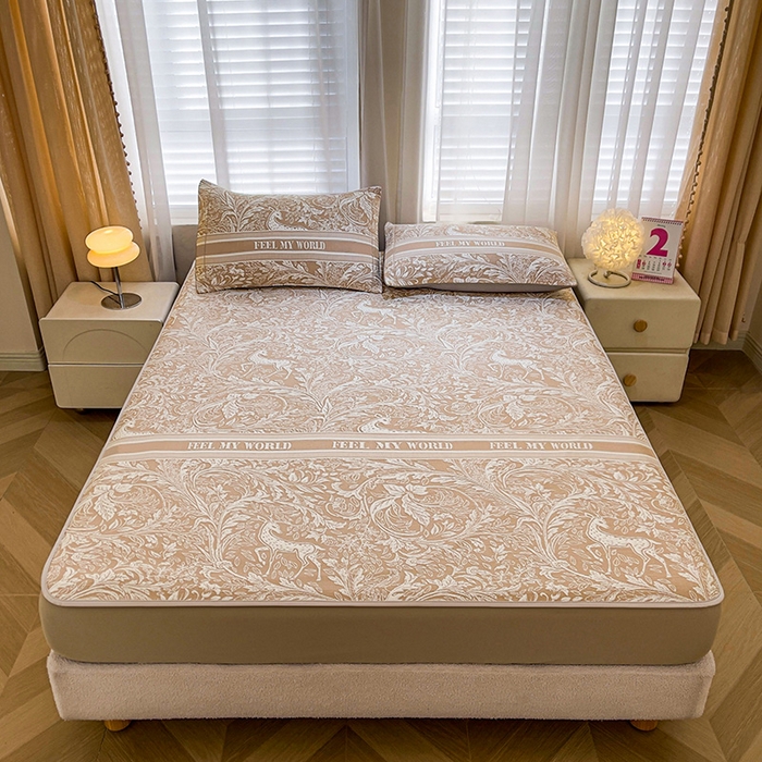 91家纺网 家纺一手货源 找家纺 全季家居 2025新款A类乙纶PE花卉轻奢提花系列凉豆豆席 床笠款-麋鹿花园-浅咖