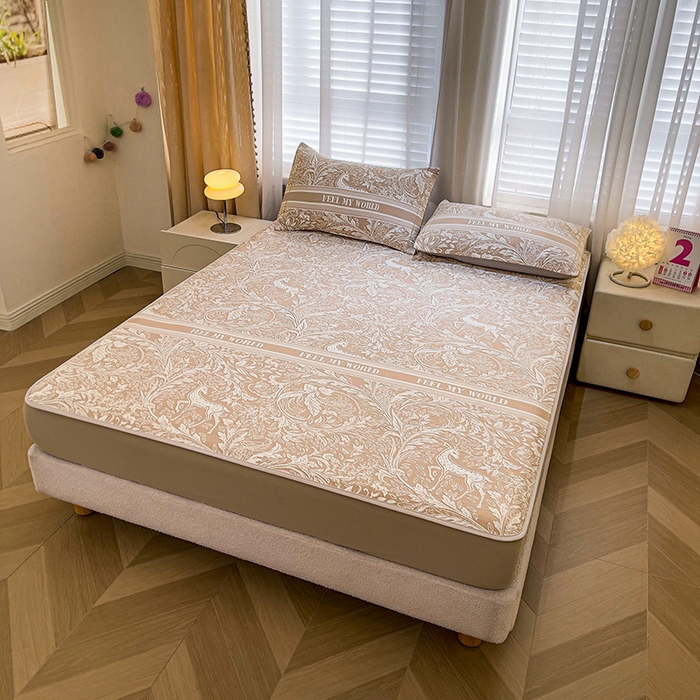 91家纺网 家纺一手货源 找家纺 全季家居 2025新款A类乙纶PE花卉轻奢提花系列凉豆豆席 床笠款-麋鹿花园-浅咖