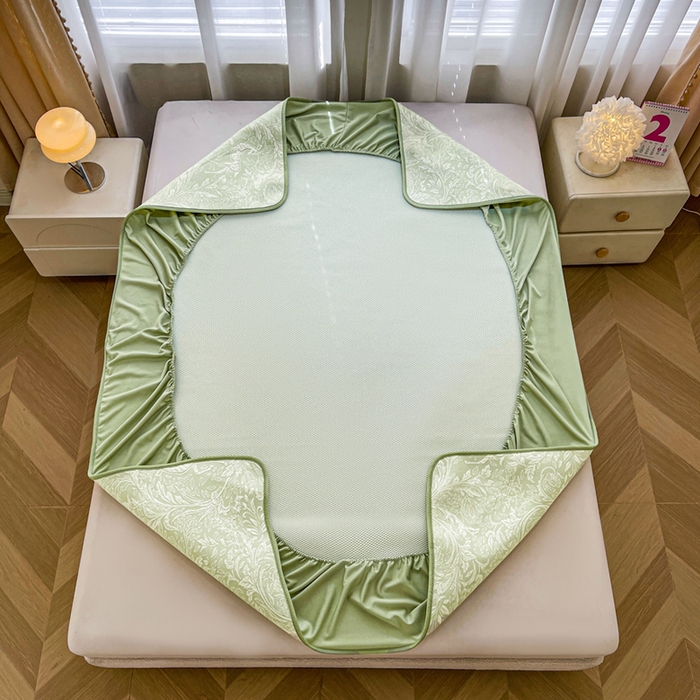 91家纺网 家纺一手货源 找家纺 全季家居 2025新款A类乙纶PE花卉轻奢提花系列凉豆豆席 床笠款-麋鹿花园-水绿