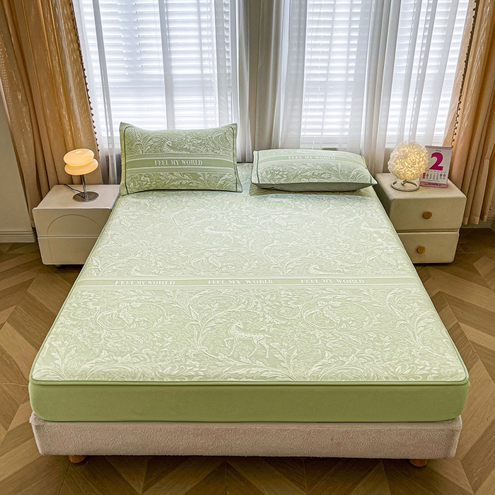 91家纺网 家纺一手货源 找家纺 全季家居 2025新款A类乙纶PE花卉轻奢提花系列凉豆豆席 床笠款-麋鹿花园-水绿