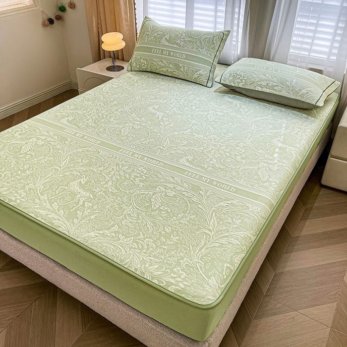 91家纺网 家纺一手货源 找家纺 全季家居 2025新款A类乙纶PE花卉轻奢提花系列凉豆豆席 床笠款-麋鹿花园-水绿