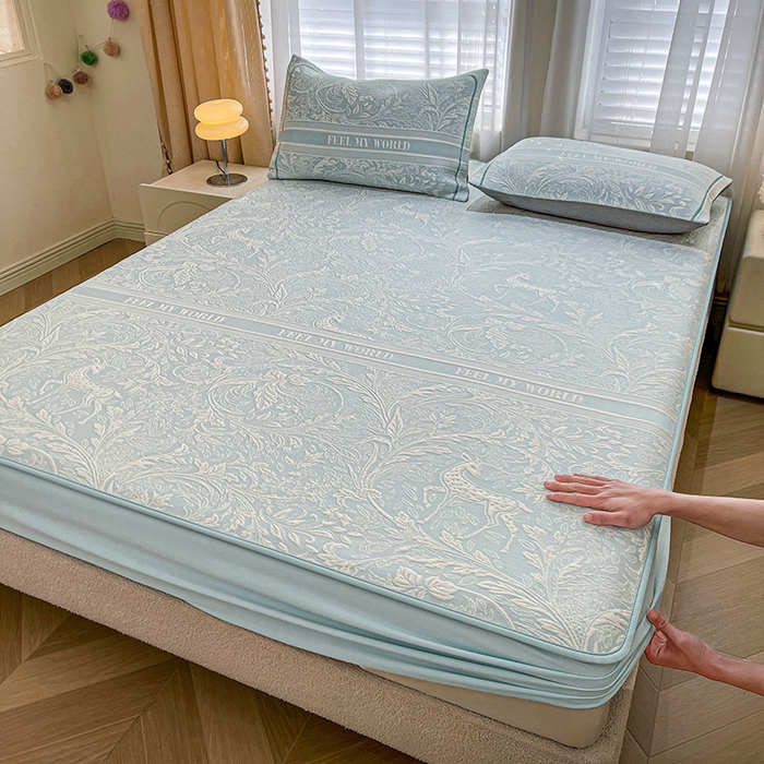 全季家居 2025新款A类乙纶PE花卉轻奢提花系列凉豆豆席 床笠款-麋鹿花园-天蓝