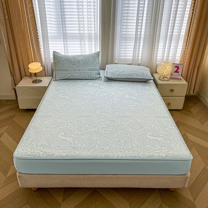 91家纺网 家纺一手货源 找家纺 全季家居 2025新款A类乙纶PE花卉轻奢提花系列凉豆豆席 床笠款-麋鹿花园-天蓝