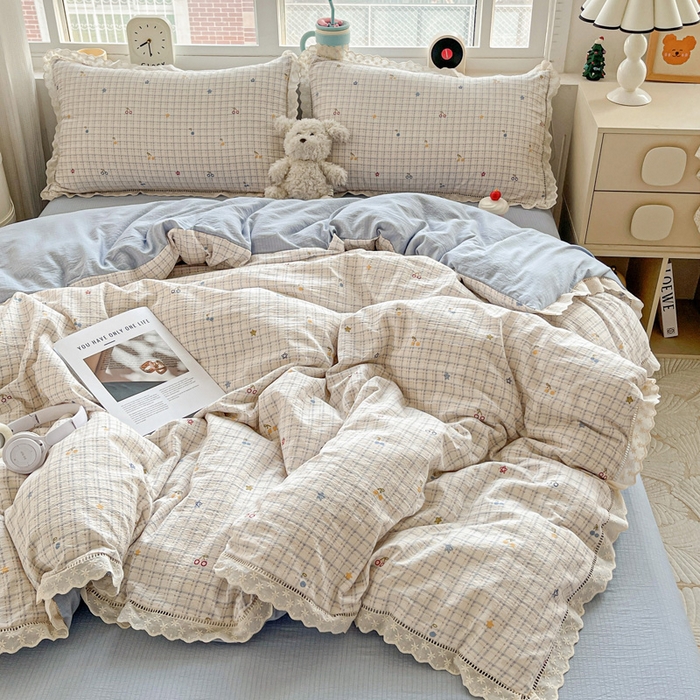 91家纺网 家纺一手货源 找家纺 富米莱（原臻工厂） 2025新款云感亲肤棉皱皱双层纱全棉纯棉花边四件套 遇见