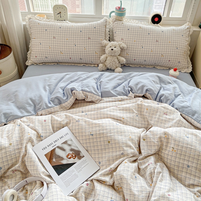 91家纺网 家纺一手货源 找家纺 富米莱（原臻工厂） 2025新款云感亲肤棉皱皱双层纱全棉纯棉花边四件套 遇见