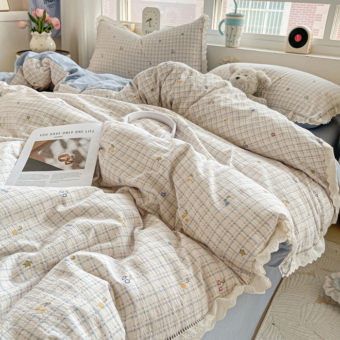 91家纺网 家纺一手货源 找家纺 富米莱（原臻工厂） 2025新款云感亲肤棉皱皱双层纱全棉纯棉花边四件套 遇见