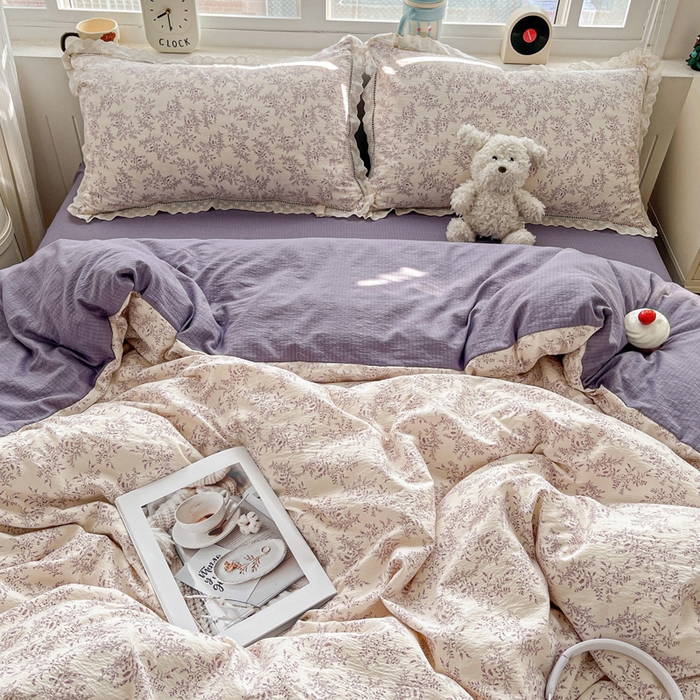 91家纺网 家纺一手货源 找家纺 富米莱（原臻工厂） 2025新款云感亲肤棉皱皱双层纱全棉纯棉花边四件套 紫苏