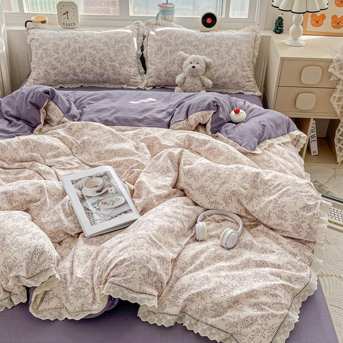 91家纺网 家纺一手货源 找家纺 富米莱（原臻工厂） 2025新款云感亲肤棉皱皱双层纱全棉纯棉花边四件套 紫苏