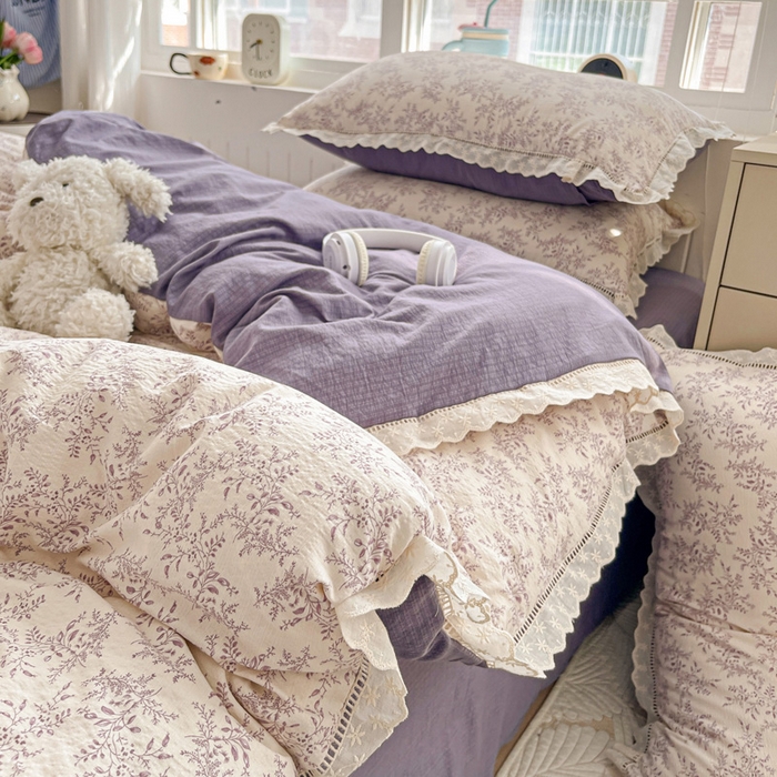 91家纺网 家纺一手货源 找家纺 富米莱（原臻工厂） 2025新款云感亲肤棉皱皱双层纱全棉纯棉花边四件套 紫苏