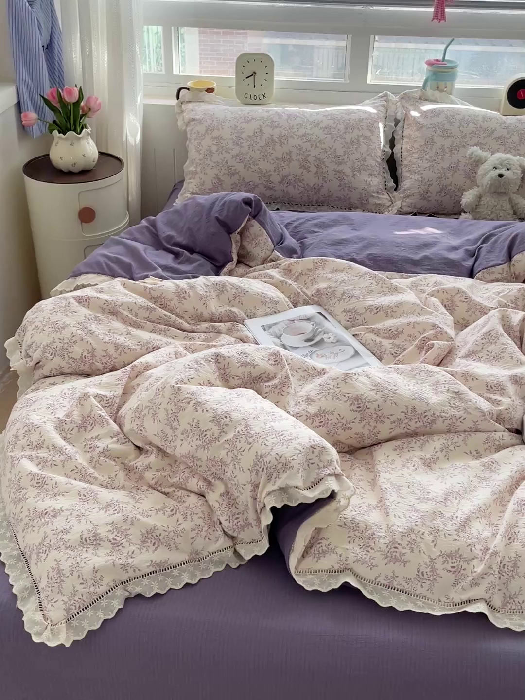 91家纺网 家纺一手货源 找家纺 富米莱（原臻工厂） 2025新款云感亲肤棉皱皱双层纱全棉纯棉花边四件套 紫苏