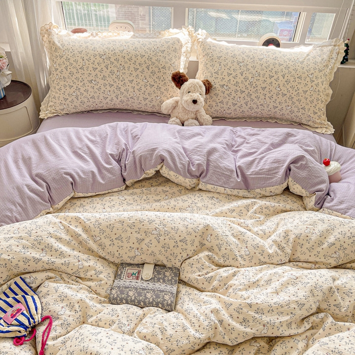 91家纺网 家纺一手货源 找家纺 富米莱（原臻工厂） 2025新款云感亲肤棉皱皱双层纱全棉纯棉花边四件套 花园兔