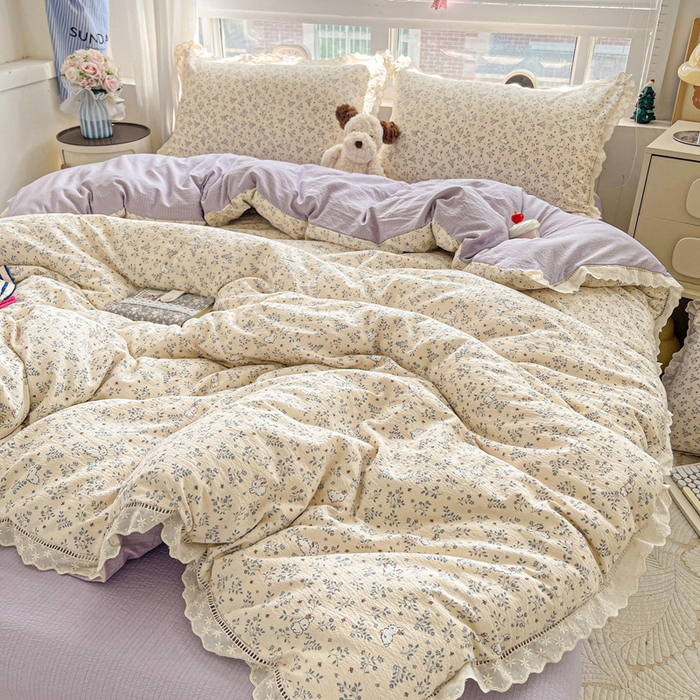 91家纺网 家纺一手货源 找家纺 富米莱（原臻工厂） 2025新款云感亲肤棉皱皱双层纱全棉纯棉花边四件套 花园兔