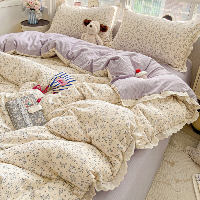 91家纺网 家纺一手货源 找家纺 富米莱（原臻工厂） 2025新款云感亲肤棉皱皱双层纱全棉纯棉花边四件套 花园兔