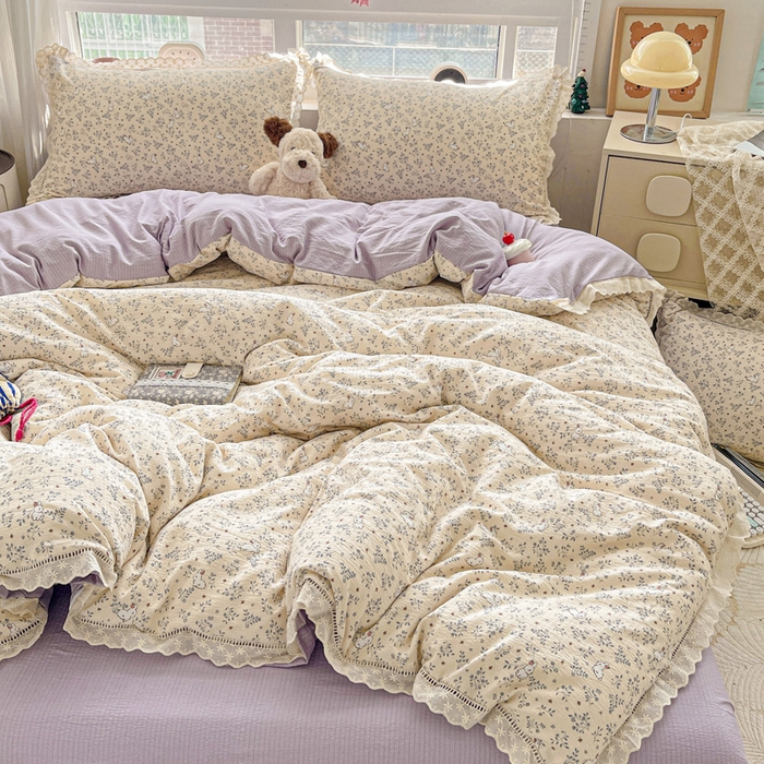 91家纺网 家纺一手货源 找家纺 富米莱（原臻工厂） 2025新款云感亲肤棉皱皱双层纱全棉纯棉花边四件套 花园兔