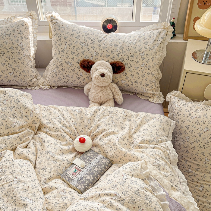 91家纺网 家纺一手货源 找家纺 富米莱（原臻工厂） 2025新款云感亲肤棉皱皱双层纱全棉纯棉花边四件套 花园兔