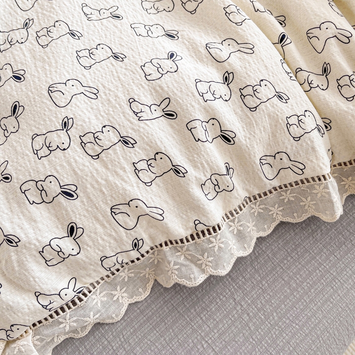 91家纺网 家纺一手货源 找家纺 富米莱（原臻工厂） 2025新款云感亲肤棉皱皱双层纱全棉纯棉花边四件套 小黑兔