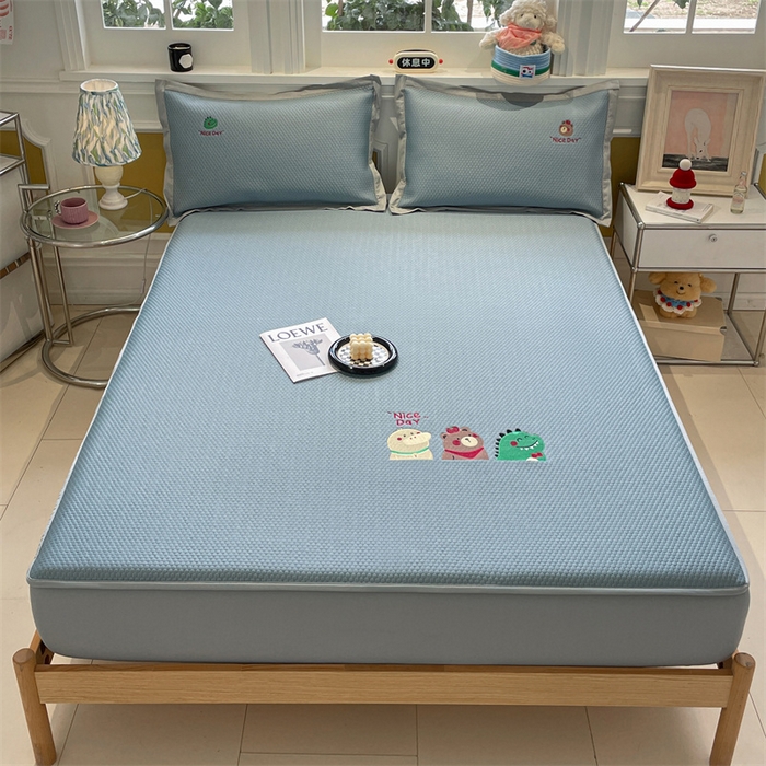 91家纺网 家纺一手货源 找家纺 启程家纺 2025新款凉豆豆复合三明治刺绣款凉席席子-床笠款 好伙伴-蓝-床笠款