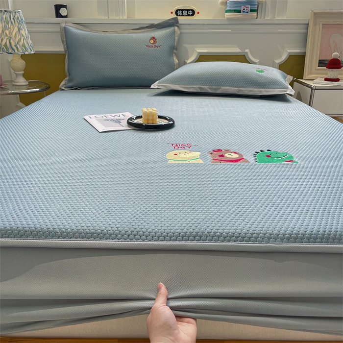 91家纺网 家纺一手货源 找家纺 启程家纺 2025新款凉豆豆复合三明治刺绣款凉席席子-床笠款 好伙伴-蓝-床笠款