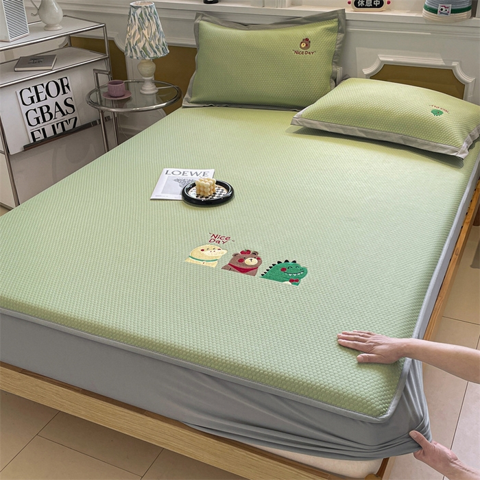 启程家纺 2025新款凉豆豆复合三明治刺绣款凉席席子-床笠款 好伙伴-绿-床笠款