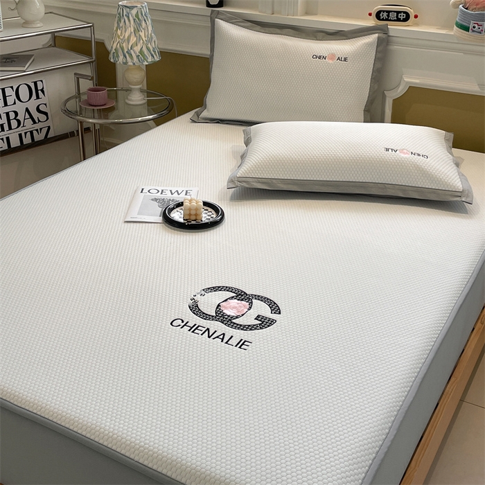 91家纺网 家纺一手货源 找家纺 启程家纺 2025新款凉豆豆复合三明治刺绣款凉席席子-床笠款 小香风-白-床笠款