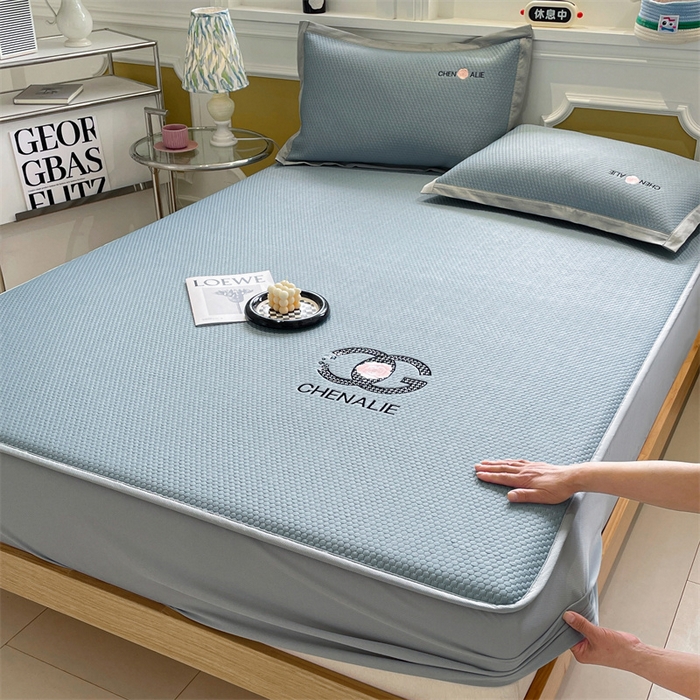 启程家纺 2025新款凉豆豆复合三明治刺绣款凉席席子-床笠款 小香风-蓝-床笠款