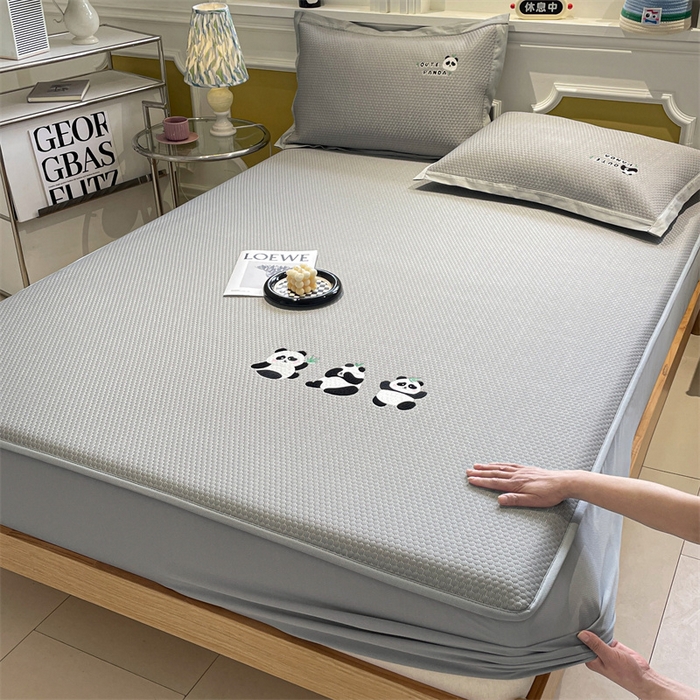 启程家纺 2025新款凉豆豆复合三明治刺绣款凉席席子-床笠款 熊猫-灰-床笠款