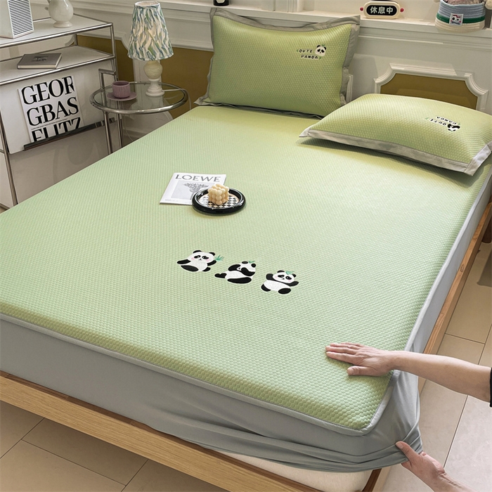 启程家纺 2025新款凉豆豆复合三明治刺绣款凉席席子-床笠款 熊猫-绿-床笠款