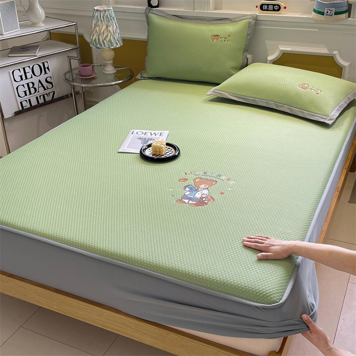 启程家纺 2025新款凉豆豆复合三明治刺绣款凉席席子-床笠款 熊仔宝贝-绿-床笠款