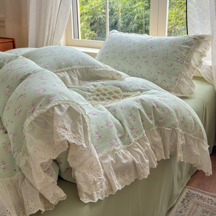 91家纺网 家纺一手货源 找家纺 淑女公社家纺 2025新款法式花边纯棉双层纱四件套 花季-绿