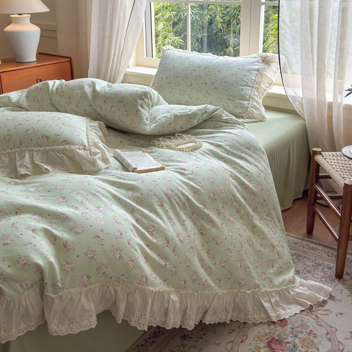 91家纺网 家纺一手货源 找家纺 淑女公社家纺 2025新款法式花边纯棉双层纱四件套 花季-绿