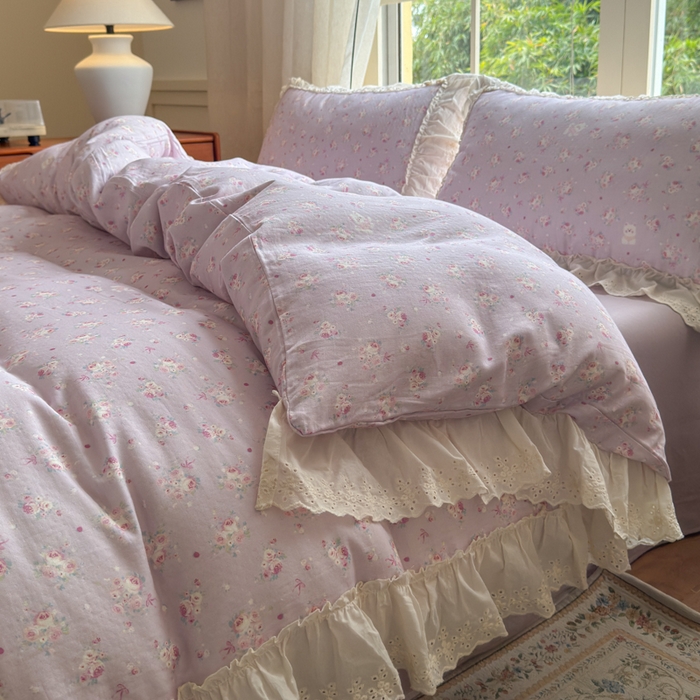 91家纺网 家纺一手货源 找家纺 淑女公社家纺 2025新款法式花边纯棉双层纱四件套 花季-紫