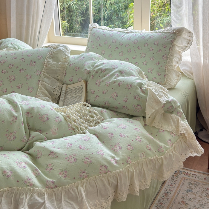 91家纺网 家纺一手货源 找家纺 淑女公社家纺 2025新款法式花边纯棉双层纱四件套 花季-绿