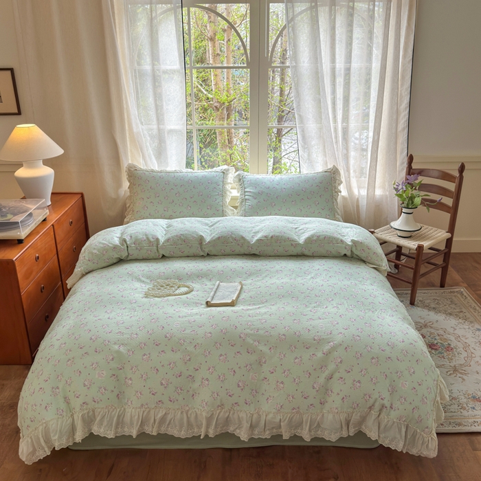 91家纺网 家纺一手货源 找家纺 淑女公社家纺 2025新款法式花边纯棉双层纱四件套 花季-绿