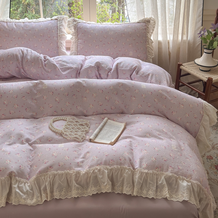 91家纺网 家纺一手货源 找家纺 淑女公社家纺 2025新款法式花边纯棉双层纱四件套 花季-紫