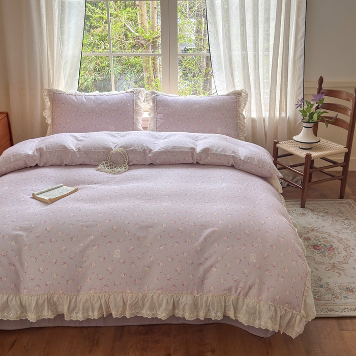 淑女公社家纺 2025新款法式花边纯棉双层纱四件套 花季-紫