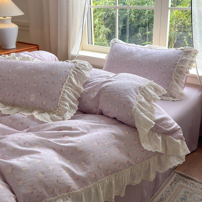 91家纺网 家纺一手货源 找家纺 淑女公社家纺 2025新款法式花边纯棉双层纱四件套 花季-紫