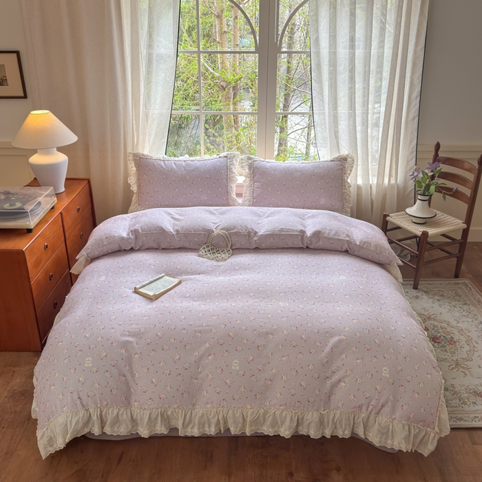 91家纺网 家纺一手货源 找家纺 淑女公社家纺 2025新款法式花边纯棉双层纱四件套 花季-紫