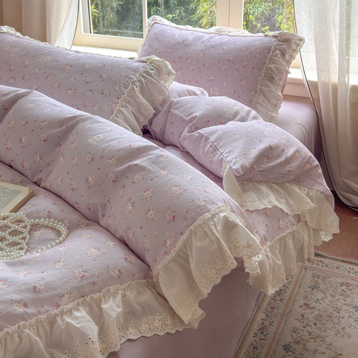 91家纺网 家纺一手货源 找家纺 淑女公社家纺 2025新款法式花边纯棉双层纱四件套 花季-紫