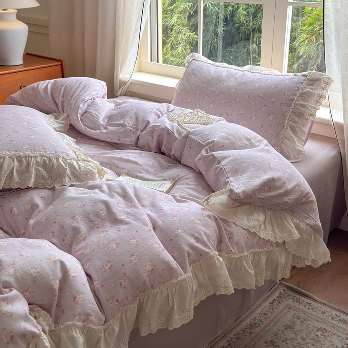 91家纺网 家纺一手货源 找家纺 淑女公社家纺 2025新款法式花边纯棉双层纱四件套 花季-紫