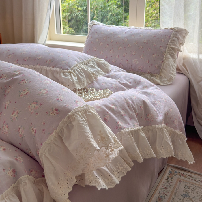 91家纺网 家纺一手货源 找家纺 淑女公社家纺 2025新款法式花边纯棉双层纱四件套 花季-紫