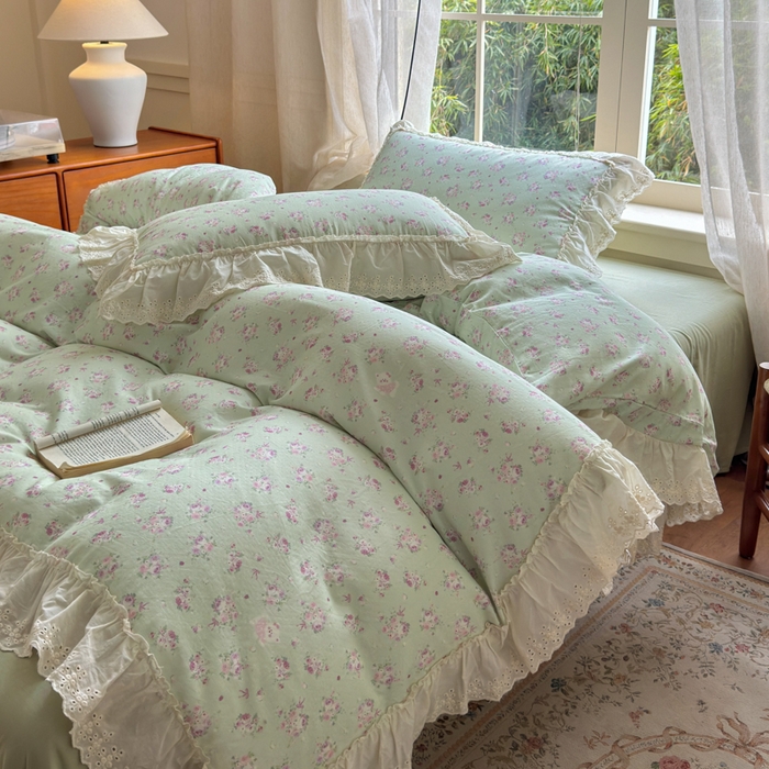 91家纺网 家纺一手货源 找家纺 淑女公社家纺 2025新款法式花边纯棉双层纱四件套 花季-绿