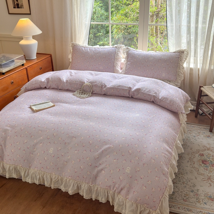 91家纺网 家纺一手货源 找家纺 淑女公社家纺 2025新款法式花边纯棉双层纱四件套 花季-紫