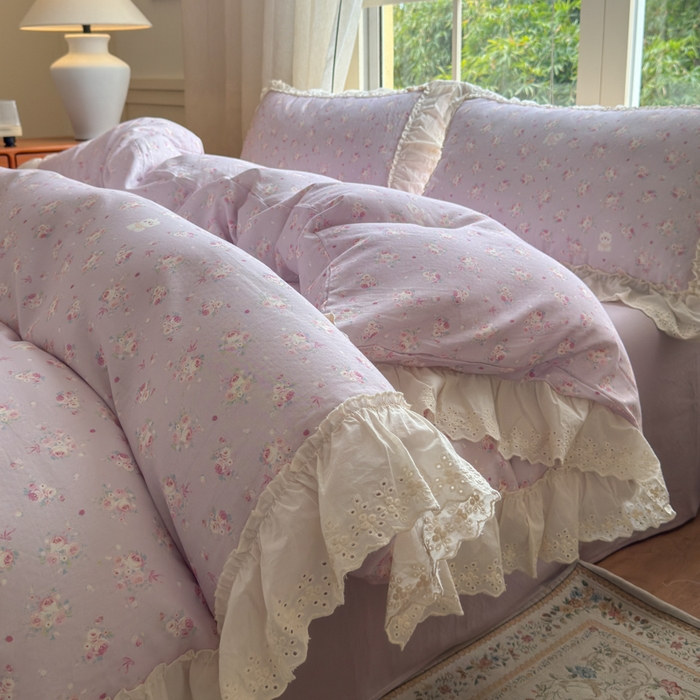 91家纺网 家纺一手货源 找家纺 淑女公社家纺 2025新款法式花边纯棉双层纱四件套 花季-紫